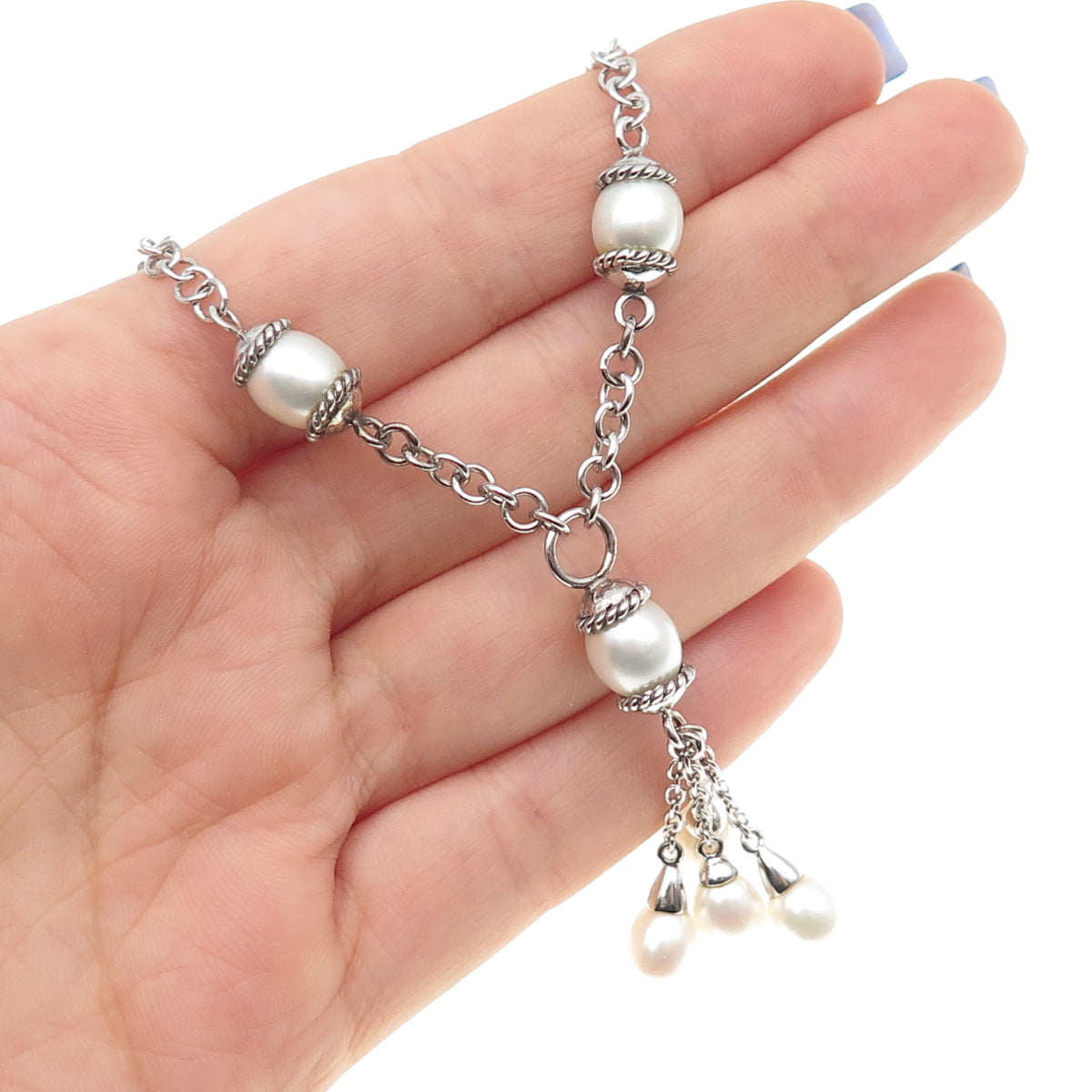 925 Sterling Silver Vintage Real Pearl By The Yard Tassel Chain Necklace 16"
