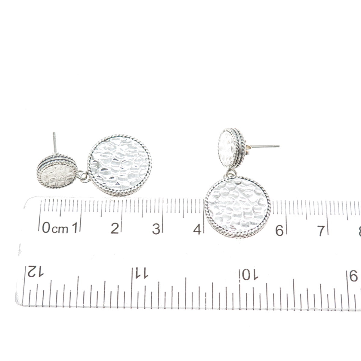 925 Sterling Silver Vintage Modernist Hammered Disc Dangle Earrings