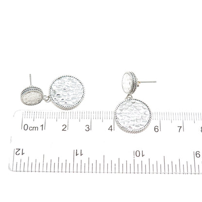 925 Sterling Silver Vintage Modernist Hammered Disc Dangle Earrings