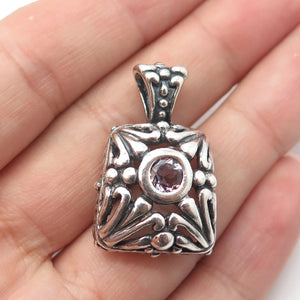 925 Sterling Silver Vintage Real Round-Cut Amethyst Gem Oxidized Swirl Pendant