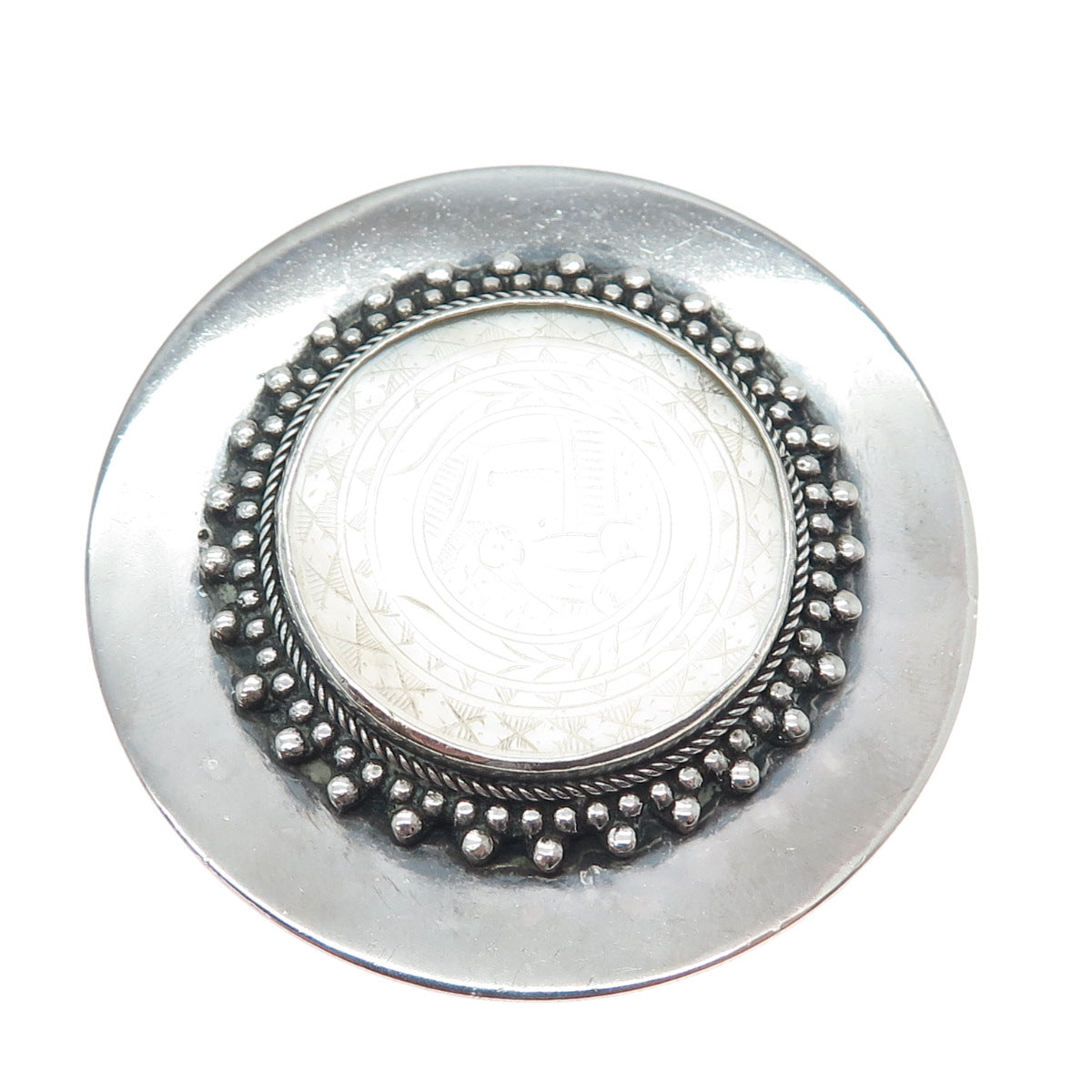 925 Sterling Silver Vintage Real Carved MOP Storyteller Oxidized Pin Brooch