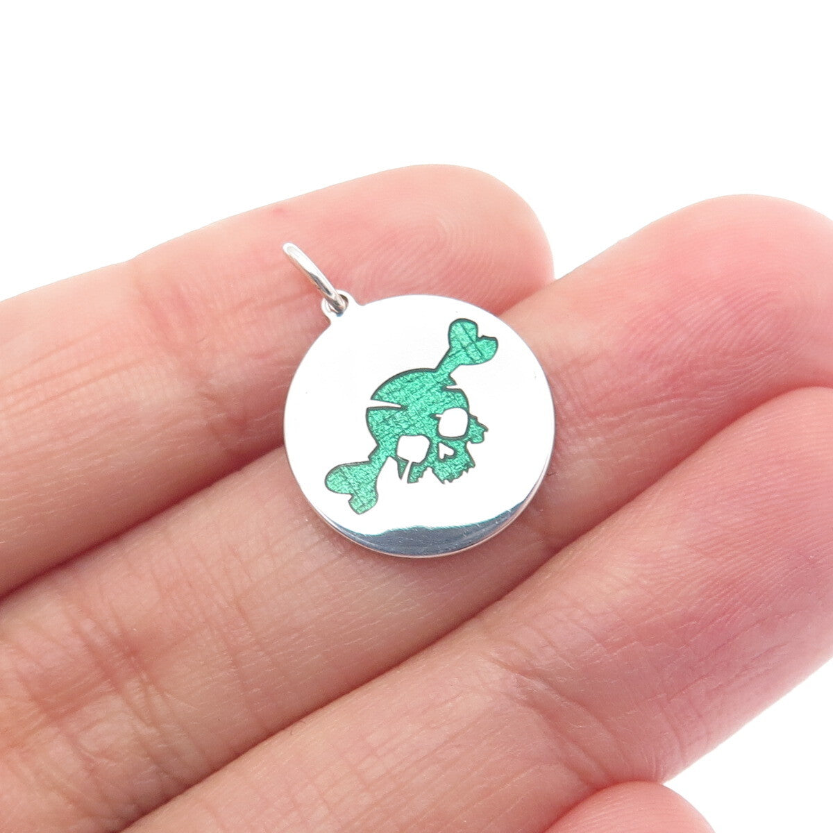 925 Sterling Silver Green Enamel Skull & Bone Round Tag Minimalist Charm Pendant