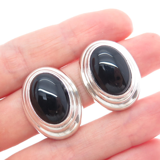 925 Sterling Silver Vintage Mexico Real Black Onyx Modernist Clip On Earrings