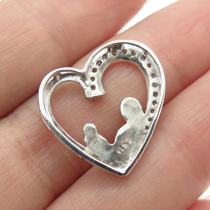 925 Sterling Silver Real Round-Cut Diamond Mom & Child Heart Slide Pendant