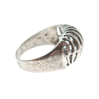 925 Sterling Silver Vintage Modernist Ribbed Dome Oxidized Ring Size 7.75