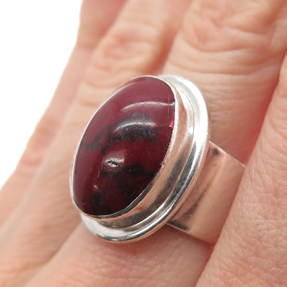 925 Sterling Silver Vintage Real Cabochon Red Jasper Modernist Ring Size 7.25
