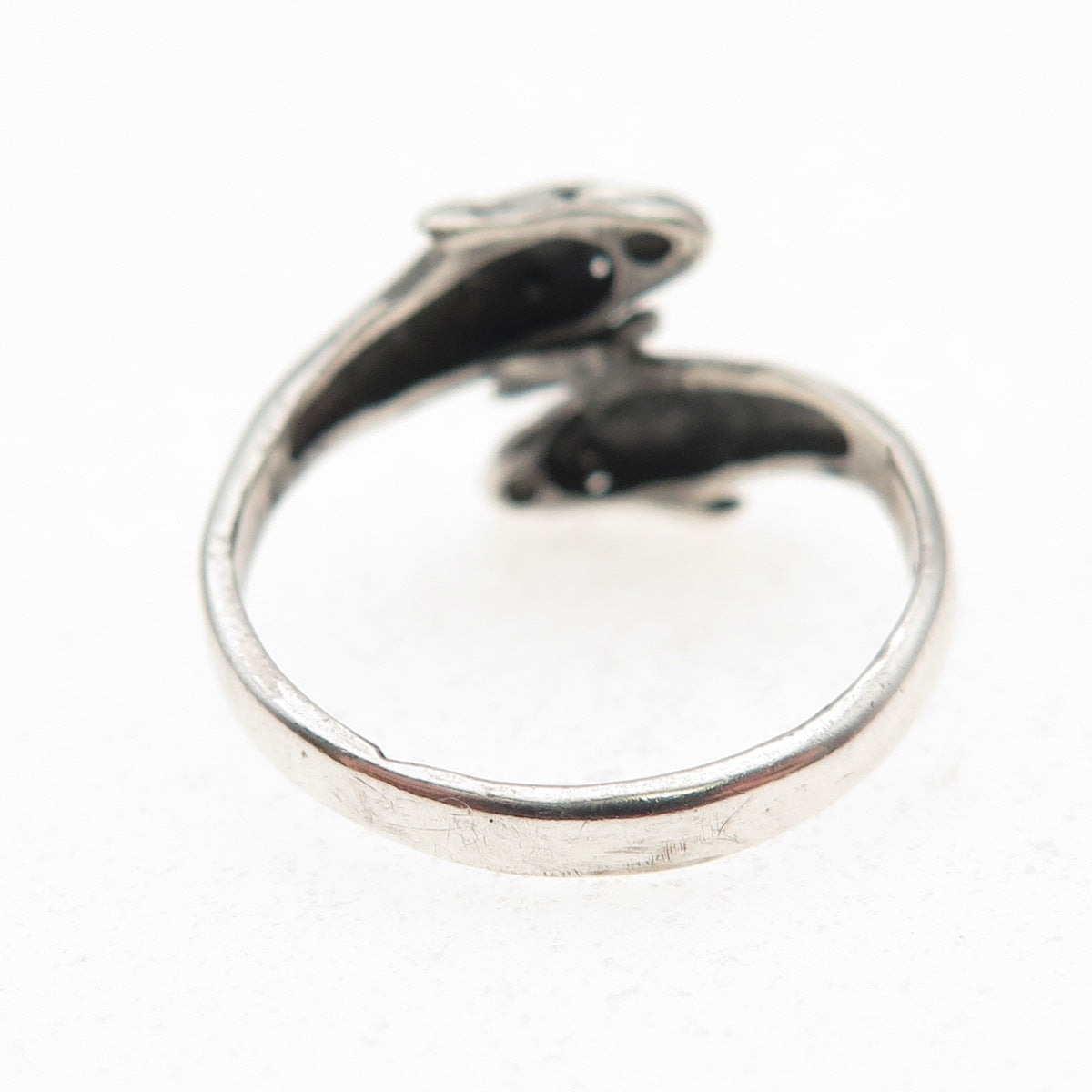 925 Sterling Silver Vintage Dolphin Couple Oxidized Bypass Ring Size 6.5