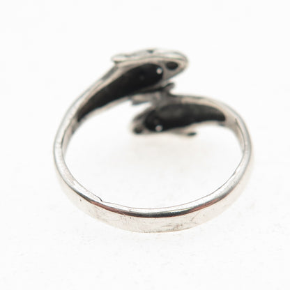 925 Sterling Silver Vintage Dolphin Couple Oxidized Bypass Ring Size 6.5
