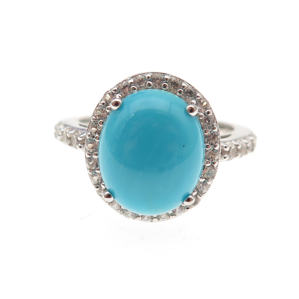 925 Sterling Silver Real Sleeping Beauty Turquoise & White Topaz Ring Size 8