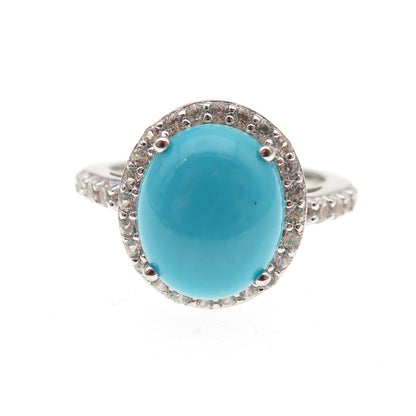 925 Sterling Silver Real Sleeping Beauty Turquoise & White Topaz Ring Size 8