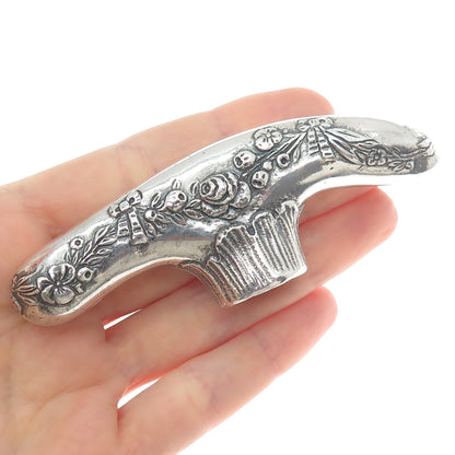 925 Sterling Silver Antique Victorian Repousse Rose Floral Walking Stick Handle