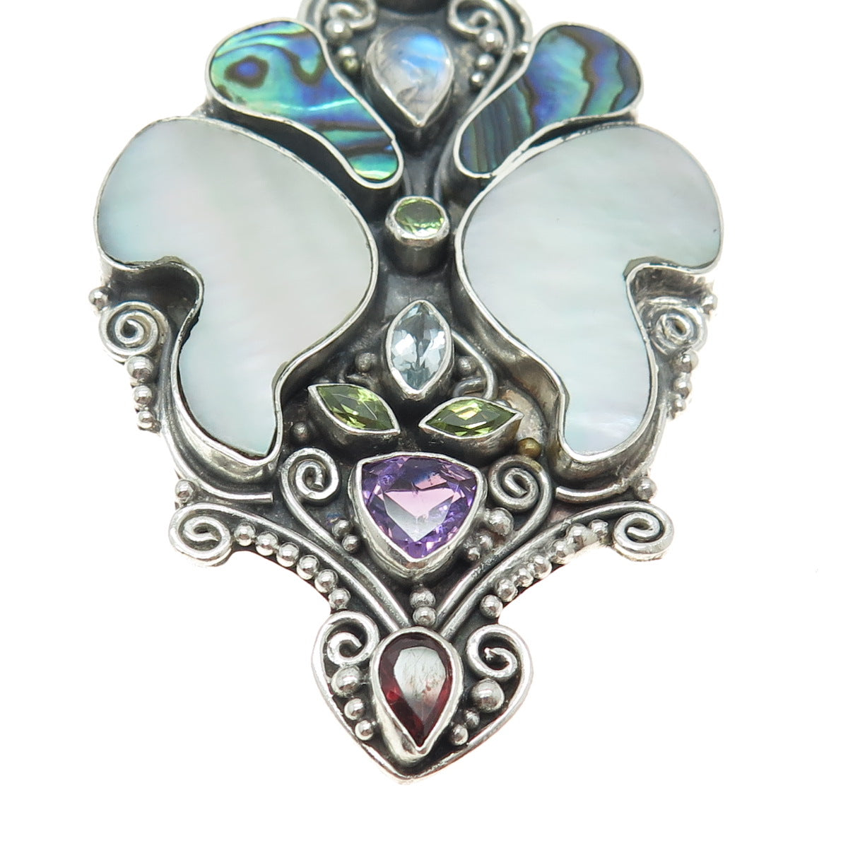 925 Sterling Silver Vintage Real Multi-Gem MOP & Abalone Shell Goddess Pendant