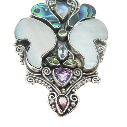 925 Sterling Silver Vintage Real Multi-Gem MOP & Abalone Shell Goddess Pendant