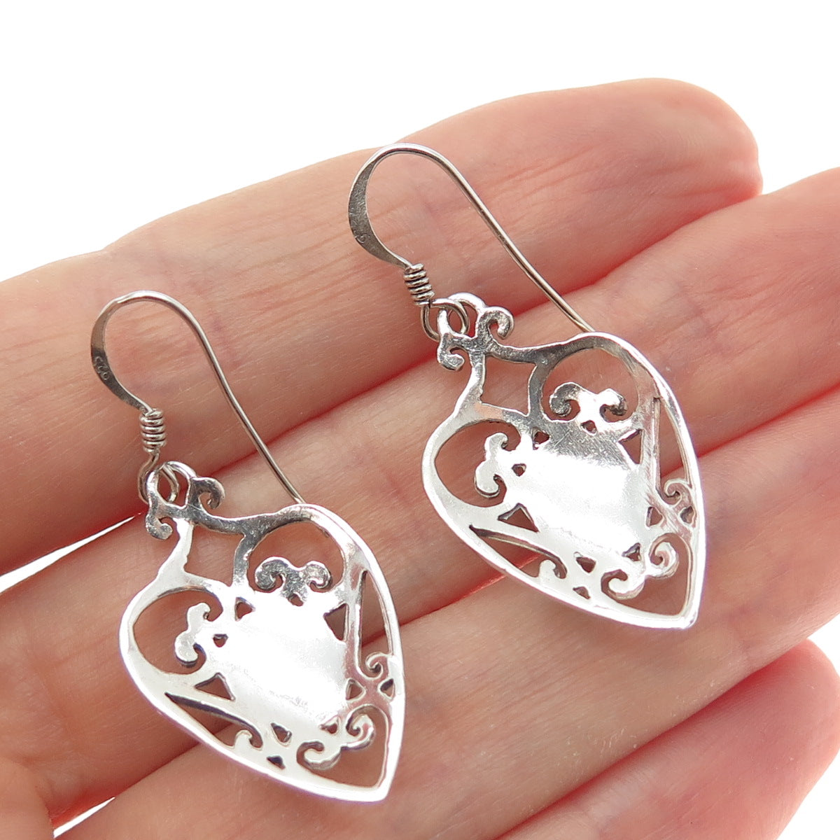 925 Sterling Silver Vintage Real Abalone Shell Ornate Heart Dangle Earrings