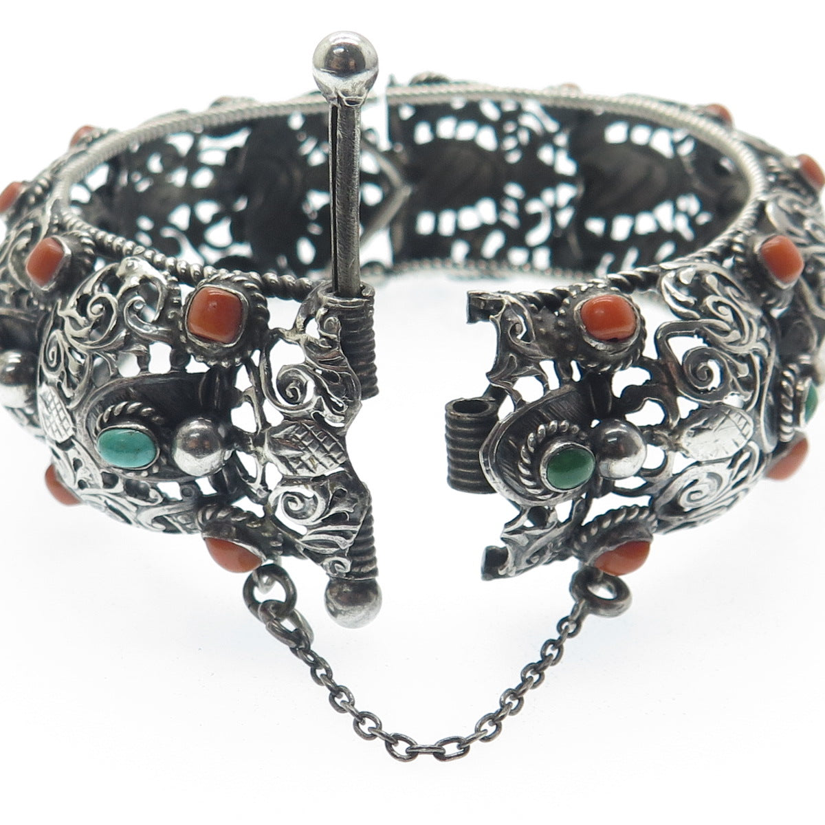 925 Sterling Silver Antique Real Turquoise Coral Floral Oxidized Bracelet 7.75"