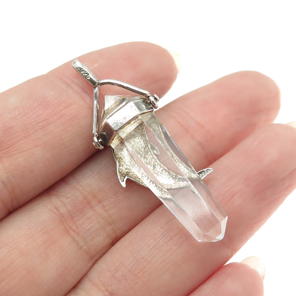 925 Sterling Silver Vintage Clear Quartz Dolphin Amulet Pendant