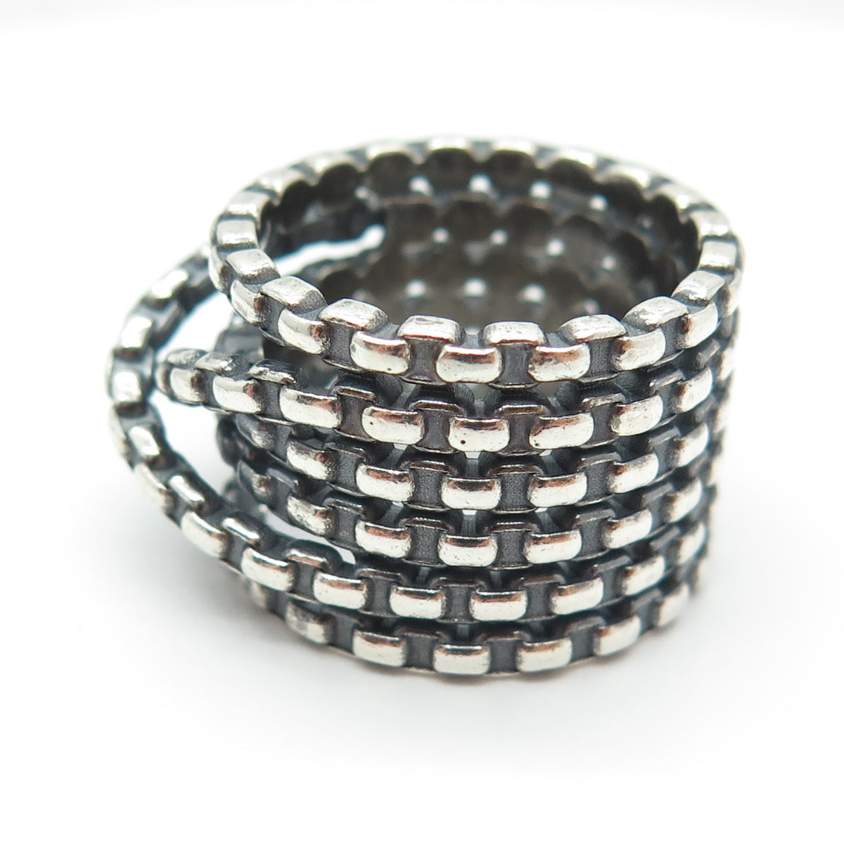 925 Sterling Silver Vintage Round Box Crisscross Chain Oxidized Ring Size 8