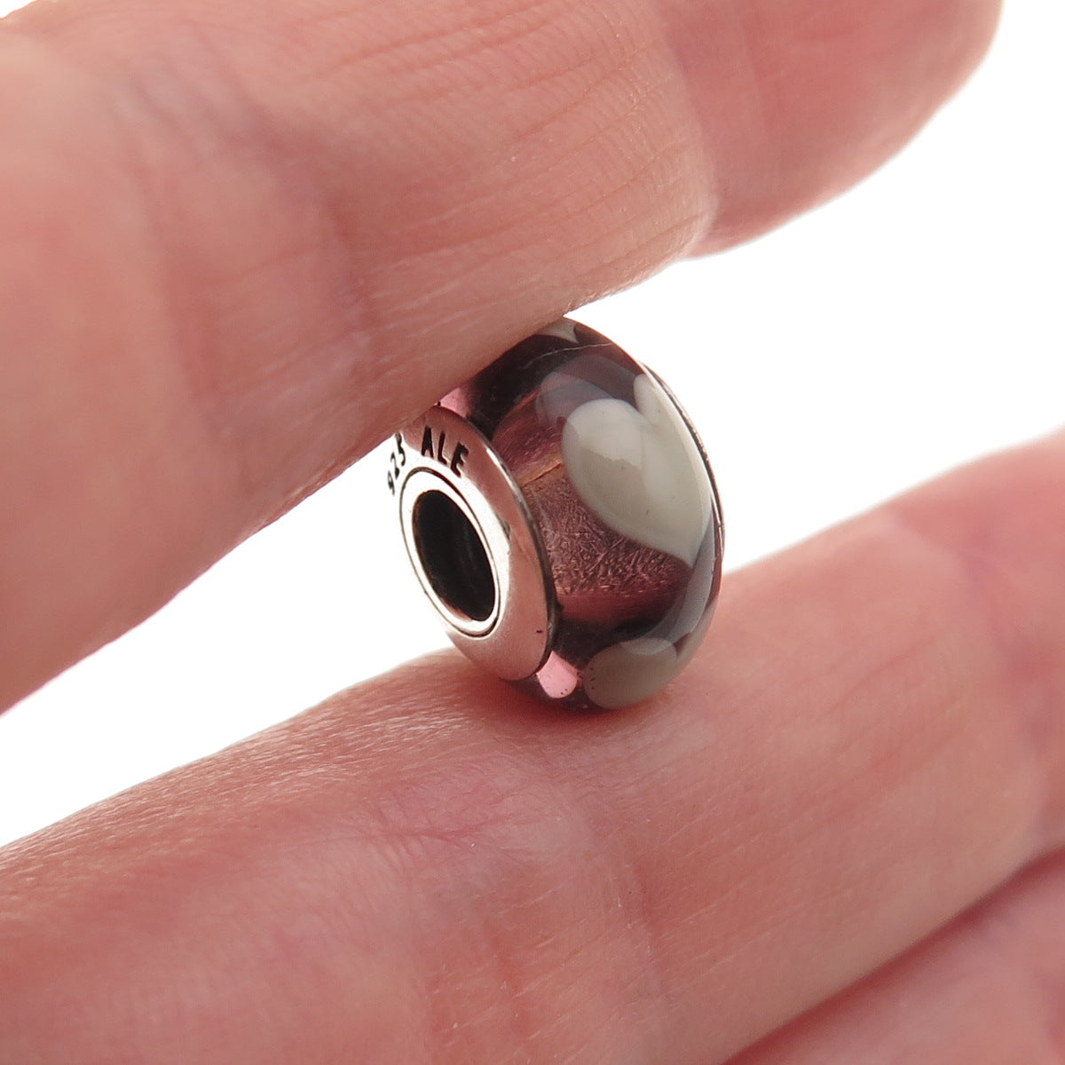 Pandora 925 Sterling Silver Murano Glass Heart Slide Bead Charm