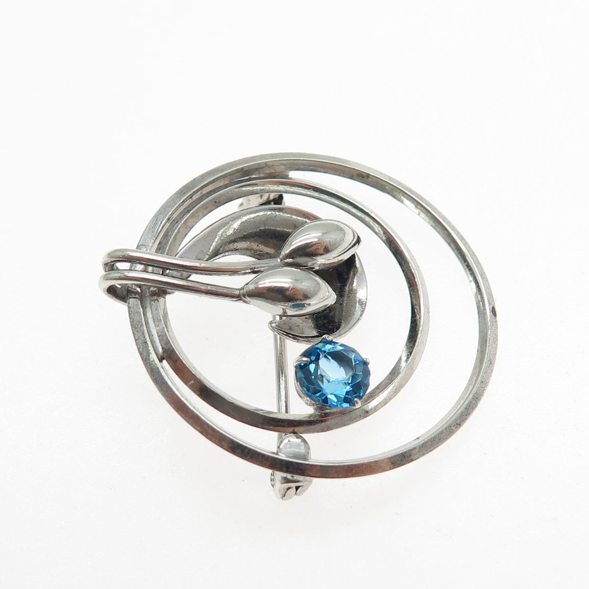 CARL ART 925 Sterling Silver Antique Blue Rhinestone Floral Oxidized Pin Brooch