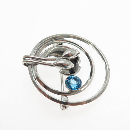 CARL ART 925 Sterling Silver Antique Blue Rhinestone Floral Oxidized Pin Brooch