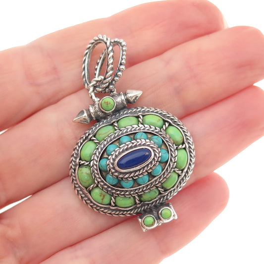 925 Sterling Vintage Real Multi-Color Turquoise Lapis Tibetan Oxidized Pendant