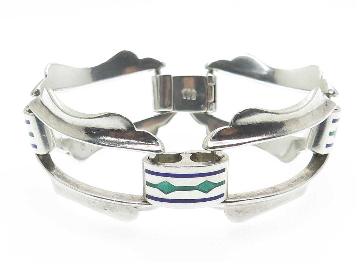 GIOR 925 Sterling Silver Vintage Italy Enamel Modernist Bracelet 7"