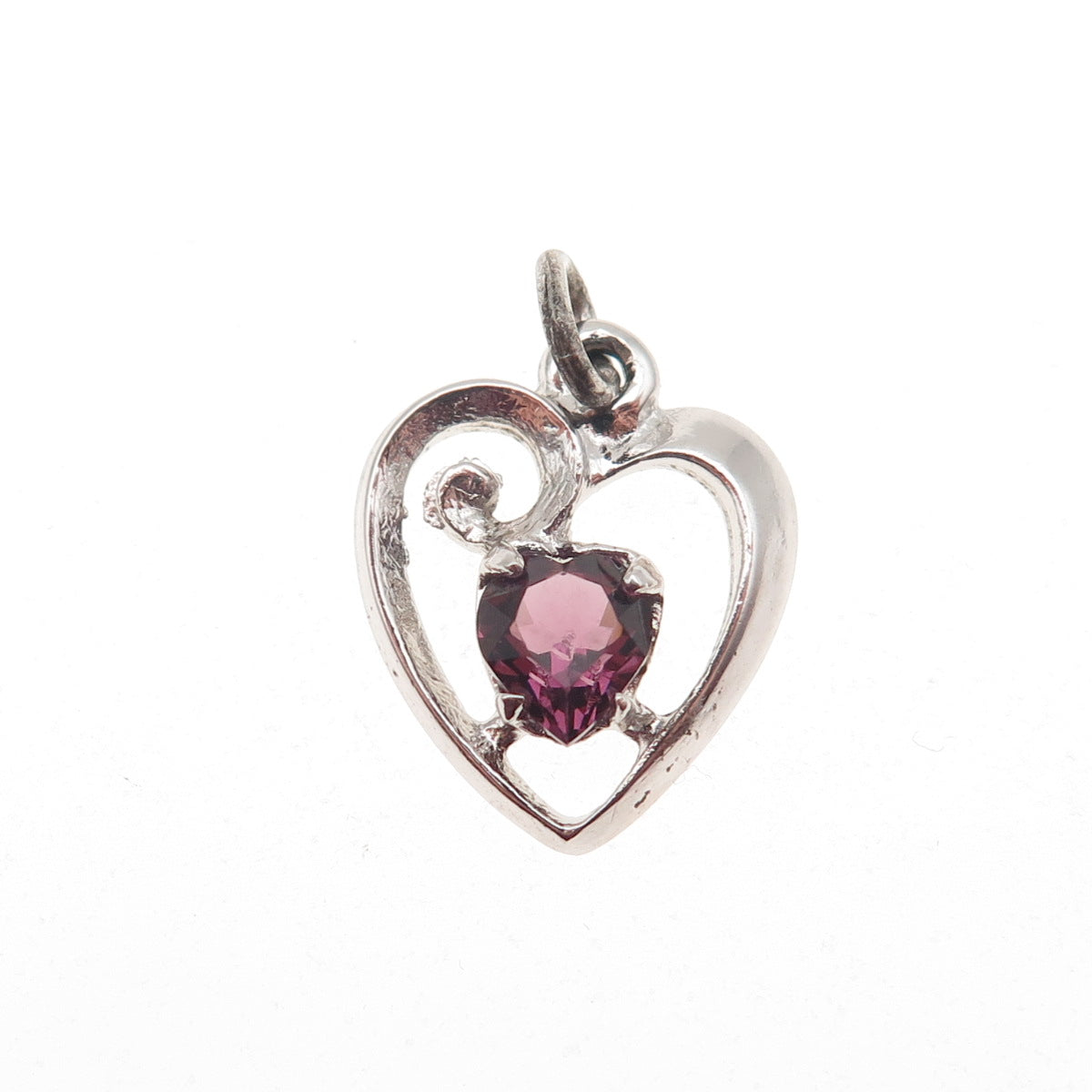 925 Sterling Silver Vintage Purple Rhinestone Heart Mini Charm Pendant