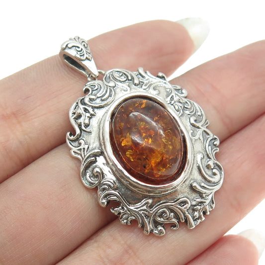 OR PAZ 925 Sterling Silver Vintage Israel Real Amber Ornate Pendant