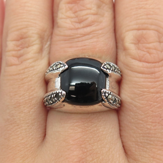 925 Sterling Silver Vintage Black Onyx & Marcasite Gem Art-Deco Ring Size 6.75