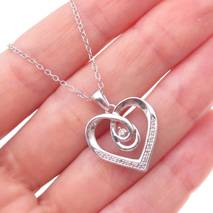 925 Sterling Silver Real Round-Cut Diamond Heart Cable Chain Necklace 18"
