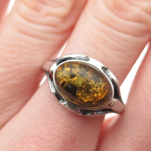 925 Sterling Silver Vintage Real Amber Modernist Oxidized Ring Size 9