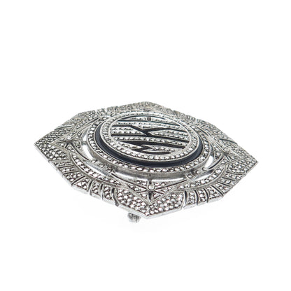 925 Sterling Silver Antique Real Black Onyx & Marcasite MKA Monogram Pin Brooch