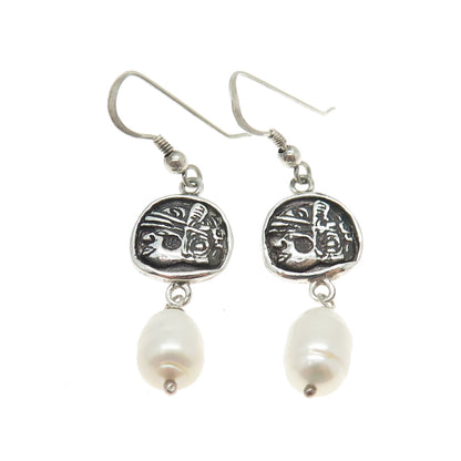 925 Sterling Silver Vintage Real Pearl Tribal Face Dangle Hook Earrings