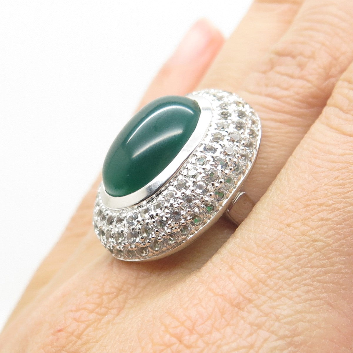925 Sterling Silver Real Green Onyx & White Topaz Gem Adjustable Ring Size 7.25