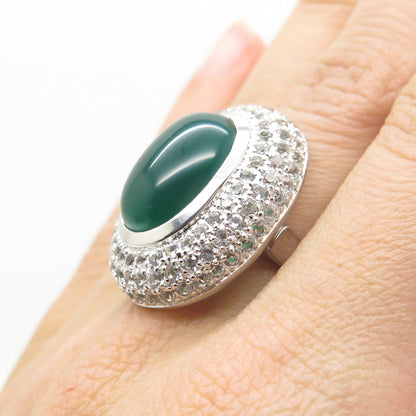 925 Sterling Silver Real Green Onyx & White Topaz Gem Adjustable Ring Size 7.25