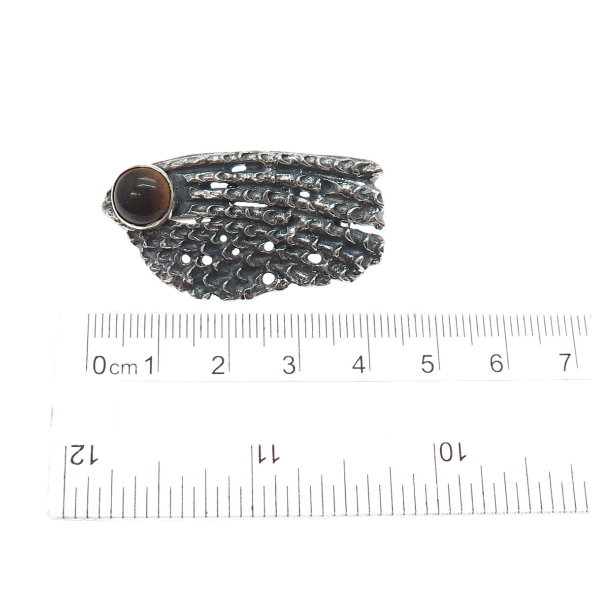 925 Sterling Silver Vintage Real Tiger Eye Modernist Oxidized Pin Brooch