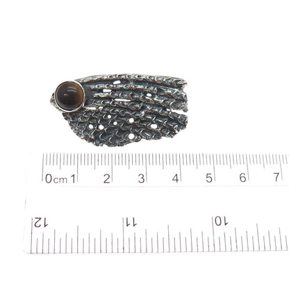 925 Sterling Silver Vintage Real Tiger Eye Modernist Oxidized Pin Brooch
