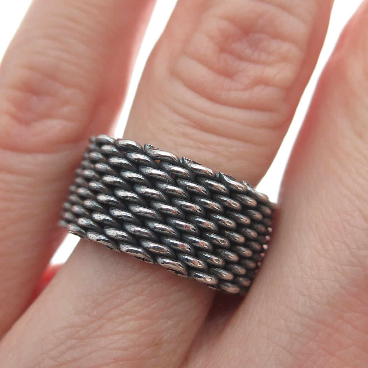 925 Sterling Silver Vintage Mesh Oxidized Band Ring Size 7.25
