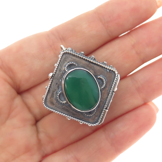 900 Silver Vintage Italy Real Green Onyx & Coral Oxidized Cannetille Box Pendant