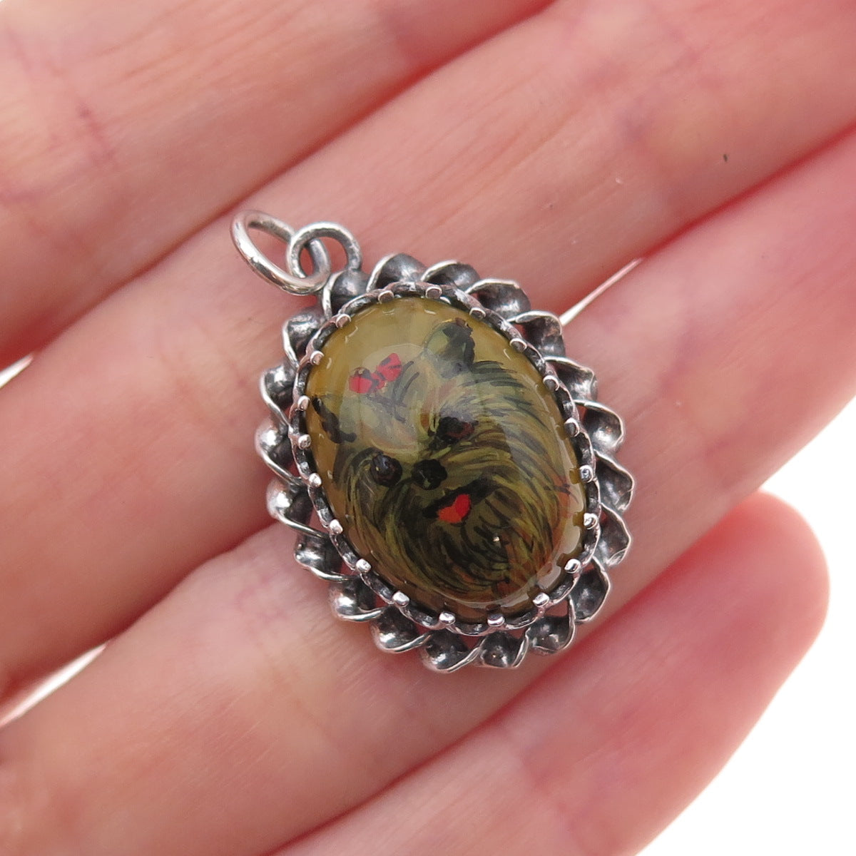 Paul Edward Bunn Sterling Vintage 1977 Doublet Agate Yorkshire Terrier Pendant