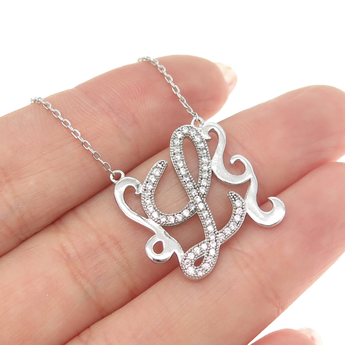 925 Sterling Silver Round-Cut C Z Letter "L" Ornate Cable Chain Necklace 16-18"