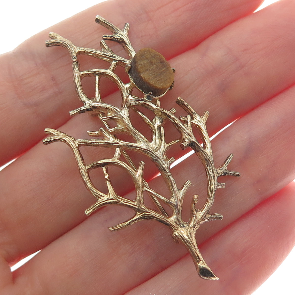WELLS 925 Sterling Silver Gold Plated Vintage Real Tiger Eye Tree of Life Brooch