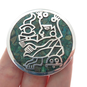 925 Sterling Silver Vintage Real Azurite Inlay Mayan Warrior Pin Pendant