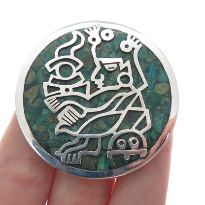 925 Sterling Silver Vintage Real Azurite Inlay Mayan Warrior Pin Pendant