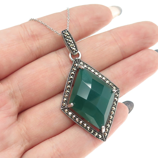 CHAPAL ZENRAY 925 Sterling Silver Vintage Real Green Onyx Marcasite Necklace 18"