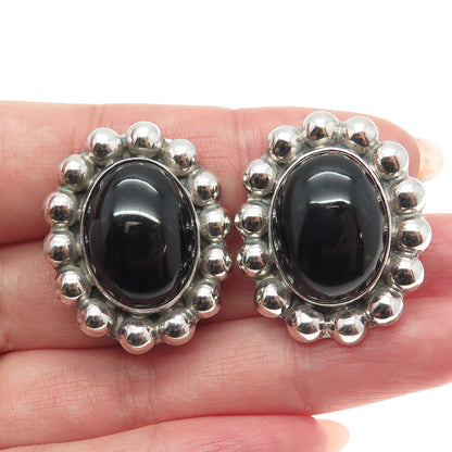 925 Sterling Silver Vintage Mexico Real Black Onyx Beaded Clip On Earrings