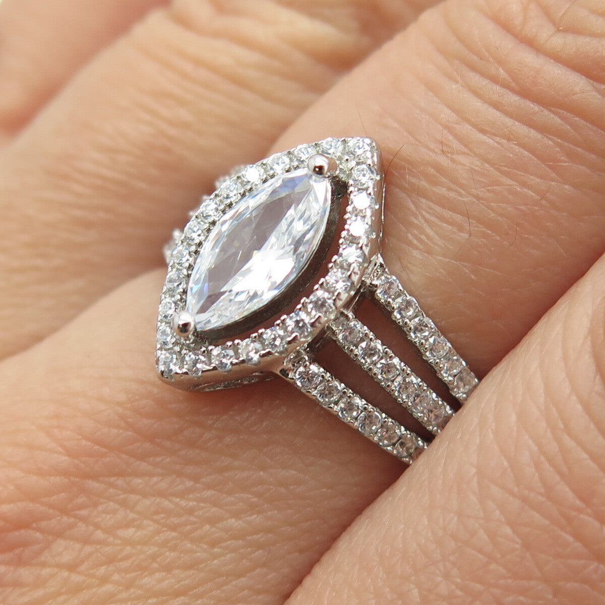 925 Sterling Silver Round & Marquise-Cut C Z Engagement Ring Size 7.5
