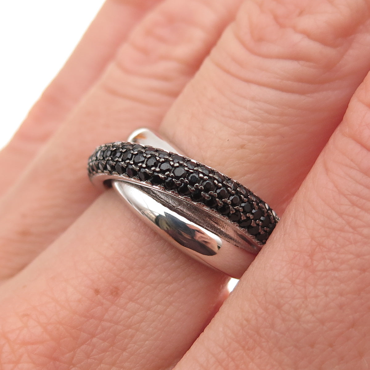 925 Sterling Silver Real Round-Cut Black Spinel Crisscross Ring Size 6.25