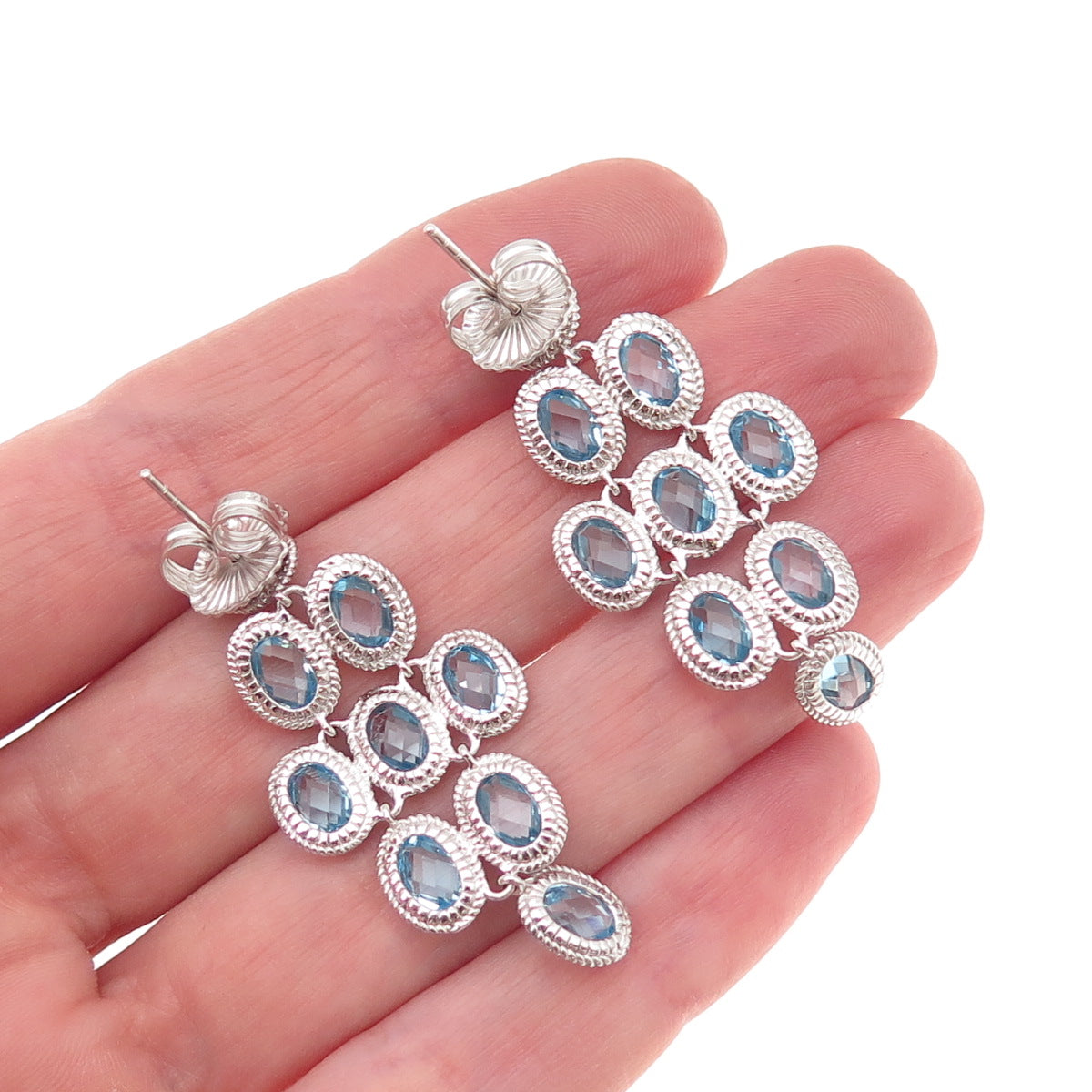 DSMK 925 Sterling Silver Real Oval-Cut Blue Topaz Dangle Earrings