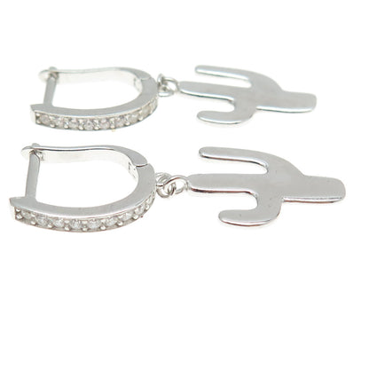 925 Sterling Silver C Z Cactus Dangling Earrings